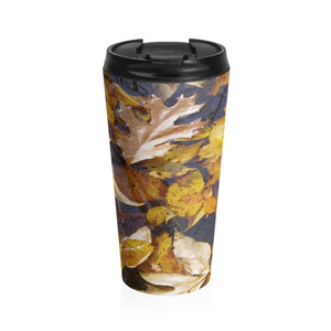 Floating Autumn Fall Leaves | Stainless Steel Travel Mug | 15oz | Black | Red Yellow
