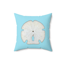 Load image into Gallery viewer, Throw Pillow | Arrowhead Sand Dollar Shell | Sky Blue | Back | 14x14 Oceancore Seacore Naturecore
