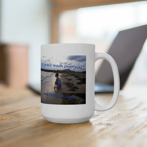 Let peace wash over you and fill your soul | Inspirational Motivational Quote Ceramic Mug | 15oz | White | Summer Sand Ocean Sky