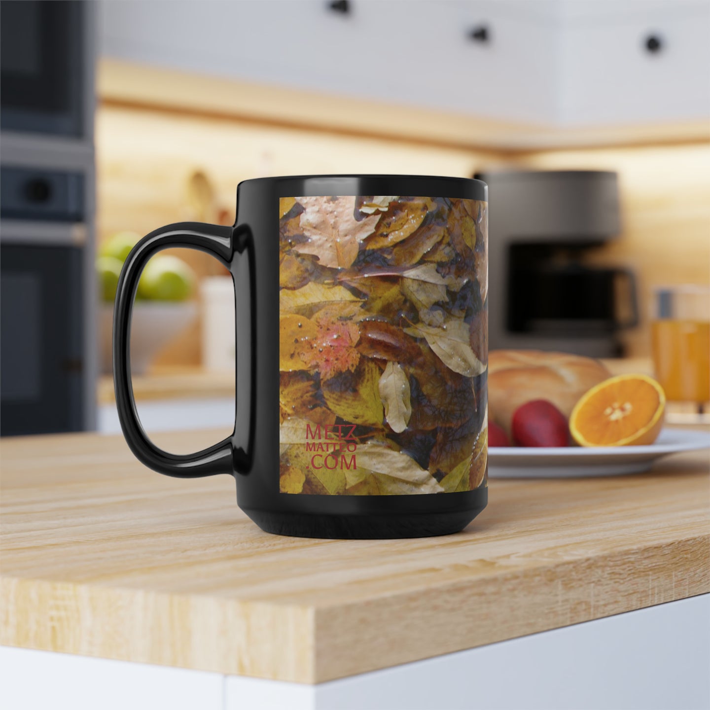 Floating Autumn Fall Leaves | Ceramic Mug | 15oz | Black | Red Yellow
