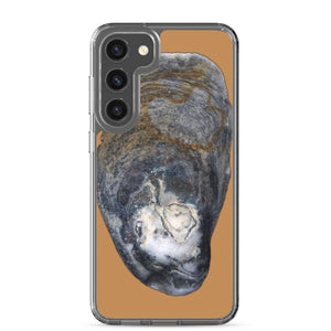 Samsung Phone Case | Oyster Shell Blue Right Exterior | Camel Brown Background