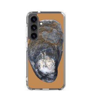 Samsung Phone Case | Oyster Shell Blue Right Exterior | Camel Brown Background