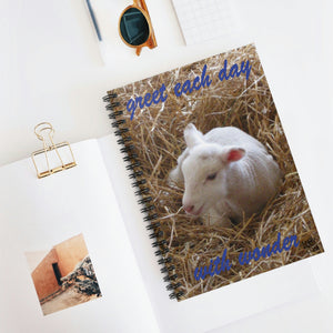 greet each day with wonder | Inspirational Motivational Quote Spiral Notebook | Ruled Line | Spring Lamb White Straw