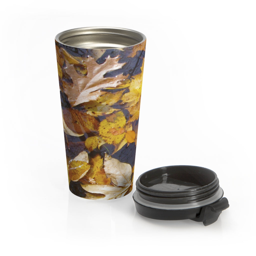 Floating Autumn Fall Leaves | Stainless Steel Travel Mug | 15oz | Black | Red Yellow