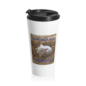 greet each day with wonder | Inspirational Motivational Quote Stainless Steel Travel Mug | 15oz | White | Spring Lamb Straw