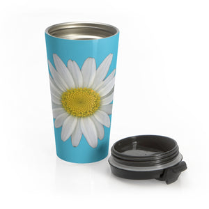 Shasta Daisy Flower White | Stainless Steel Travel Mug | 15oz | Pool Blue