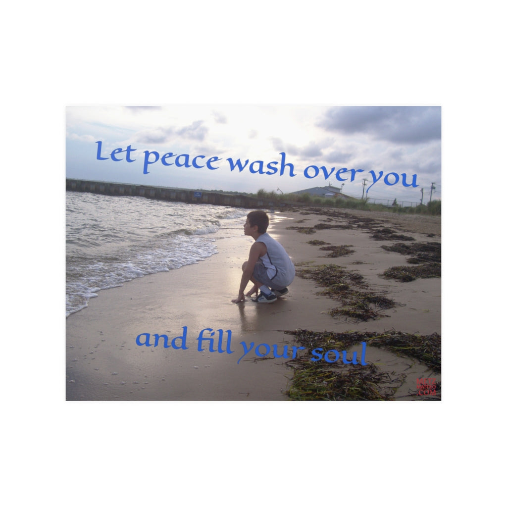 Let peace wash over you and fill your soul | Inspirational Motivational Quote Horizontal Poster | Summer Sand Ocean Sky Blue