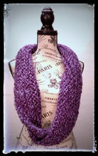Load image into Gallery viewer, &quot;Amethyst Dream&quot; Hand Knit Twisted Infinity Scarf was created with Loops &amp; Threads Country Loom soft and cozy Super Bulky acrylic yarn in Nobility colorway, worn long.
