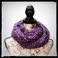 Load image into Gallery viewer, &quot;Amethyst Dream&quot; Hand Knit Twisted Infinity Scarf was created with Loops &amp; Threads Country Loom soft and cozy Super Bulky acrylic yarn in Nobility colorway, worn wrapped.
