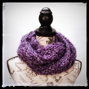 "Amethyst Dream" Hand Knit Twisted Infinity Scarf was created with Loops & Threads Country Loom soft and cozy Super Bulky acrylic yarn in Nobility colorway, worn wrapped.