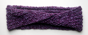 "Amethyst Dream" Hand Knit Twisted Infinity Scarf was created with Loops & Threads Country Loom soft and cozy Super Bulky acrylic yarn in Nobility colorway, flat.