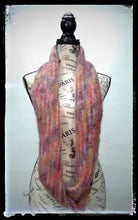 Load image into Gallery viewer, &quot;Aurora&quot; Hand-Knit Twisted Infinity Scarf was created with Jo Sharp Rare Comfort Infusion Kid Mohair blend yarn in Zinger colorway, worn long.
