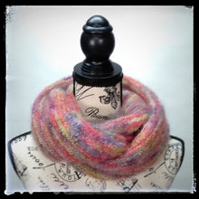 Load image into Gallery viewer, &quot;Aurora&quot; Hand-Knit Twisted Infinity Scarf was created with Jo Sharp Rare Comfort Infusion Kid Mohair blend yarn in Zinger colorway, worn wrapped.
