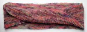 "Aurora" Hand-Knit Twisted Infinity Scarf was created with Jo Sharp Rare Comfort Infusion Kid Mohair blend yarn in Zinger colorway, flat.