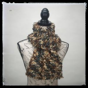 "Forest" Hand-Knit Traditional Scarf: Green, Brown, Tan Bouclé Bulky Soft and Cozy