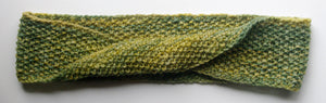 "Meadow" Hand Knit Twisted Infinity Scarf was created with Berroco Air blown bulky weight yarn in Geothermal colorway, flat.