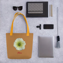 Load image into Gallery viewer, Tote Bag | Petunia Flower Yellow-Green | Small | Camel Brown
