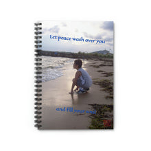 Load image into Gallery viewer, Let peace wash over you and fill your soul | Inspirational Motivational Quote Spiral Notebook | Ruled Line | Summer Sand Ocean Sky Blue
