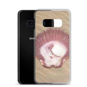 Samsung Phone Case | Scallop Shell Magenta Left Exterior | Sand Background