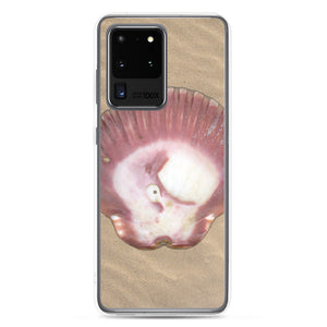 Samsung Phone Case | Scallop Shell Magenta Left Exterior | Sand Background